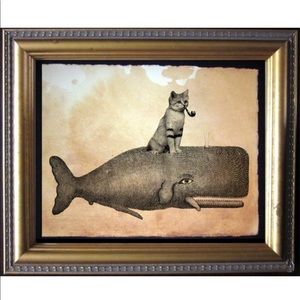 Sandcat Riding Whale Wall Art Print Tea Stained